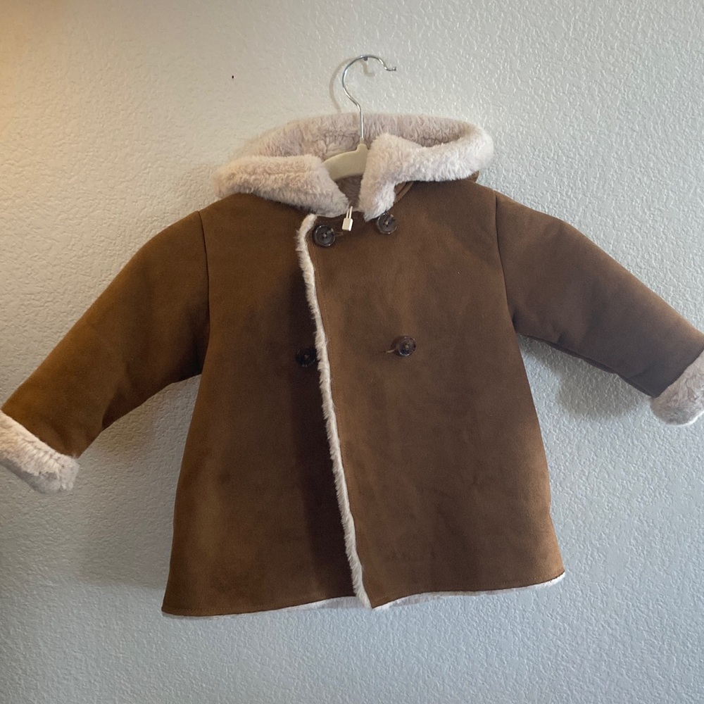 Mango Brown faux suede & fur Sherpa Kids 2-3 hooded Pea Coat pockets NWOT